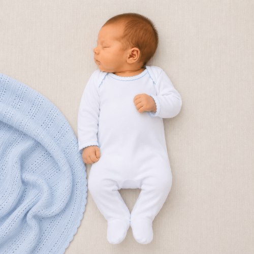 Essentials Lap Footie - White with Light Blue Trim