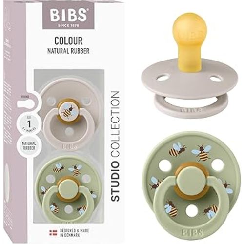 BIBS Studio Soother 2-Pack, BPA Free Dummy Pacifier, Round Nipple. Natural Rubber Latex, Made in Denmark, Size 1 (0-6 Months), Mushroom/Sage