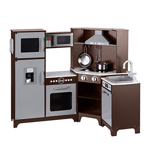 Amazon Basics Kids Corner Interactive Wooden Play Kitchen Set, Stove, Oven, Sink, Fridge and Accessories for Toddlers, Preschoolers, Children Age 3+ Years, Espresso/Gray, 39.37"L x 28.35"W x 35.04"H