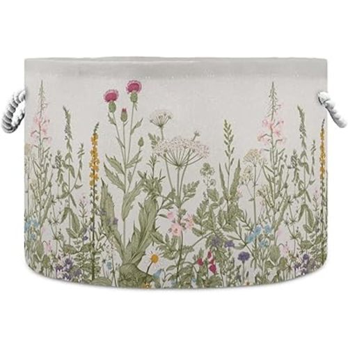 Vintage Floral Print Round Storage Basket Herbs and Wild Flowers Large Laundry Hamper Plant 20 x 20 x 14 Inches Organizer Bin Blanket Storage Bag for Bedroom Bathroom Nursery Living Room Decoration