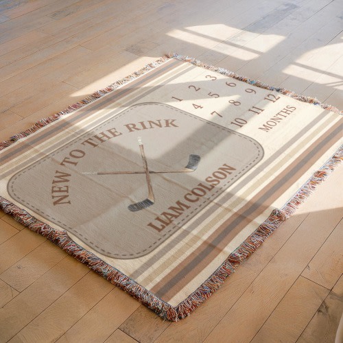 New to the Rink Hockey Baby Milestone Woven Blanket – Personalized Baby Name, Monthly Growth Tracker 1-12 Months, Woven Cotton Throw