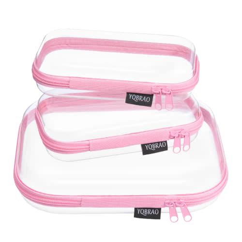 YQBRAO Clear Hard Shell Organizer Cases, 3-Pack, Pink | Rigid 1.2 mm clear PET organizers with multi-size design for toiletries, travel use, and everyday essentials