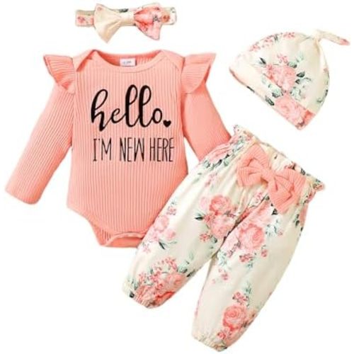 Yvowming Newborn Infant Baby Girl Clothes Outfits Rib Romper Floral Pants with Headband Winter Clothing Set