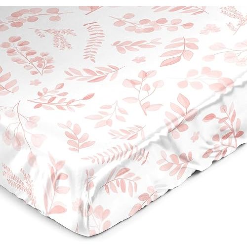 Sweet Jojo Designs Blush Pink and White Floral Leaf Girl Baby Satin Fitted Crib Sheet Infant Newborn Nursery Toddler Bed Room Standard Mattress Boho Chic Bohemian Watercolor Botanical Woodland Garden