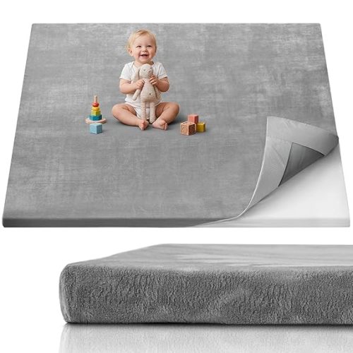 Blissful Diary 1.3" Thick Play Mat, 71x59 Playpen Mat with Removable & Washable Cover, Extra Large Crawling Rug for Floor, Foam Cushion & Non-Slip Backing for Kid, Toddler and Infants, Light Grey