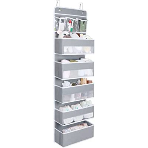 Univivi Over Door Hanging Organizer Storage with 5 Large Pockets and 3 Small PVC Pockets for Cosmetics Wall Hanging Storage Organizer for Pantry Baby Nursery Bathroom Closet Dorm, (Grey)