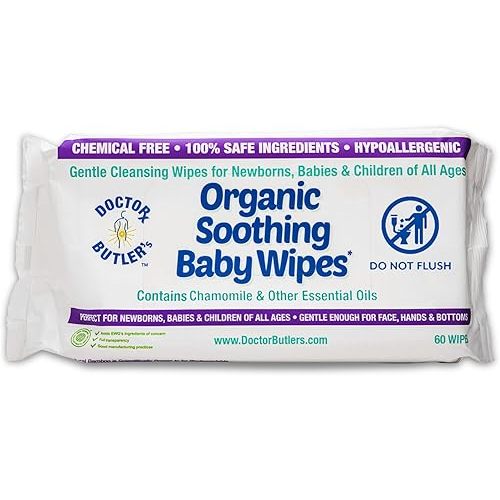 Doctor Butler's Organic Baby Wipes - Hypoallergenic & Unscented Baby Wipes, Safe for Baby Sensitive Skin Care, Made with Chamomile & Essential Oils (1pk – 60 Wipes)