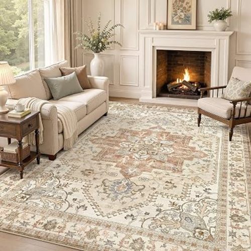 Tortania Area Rug Living Room Rugs - 8x10 Washable Boho Rug Vintage Oriental Distressed Farmhouse Large Thin Indoor Carpet for Living Room Bedroom Under Dining Table Home Office - Rust/Cream