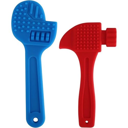 Fu Store 2 Pack Soft Silicone Teething Toys for Toddlers Hammer Spanner Tools Shape Baby Teethers Relief Soothe Babies Gums Set