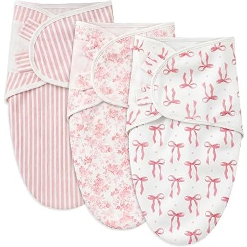 Janmercy 3 Pack Newborn Swaddle Blankets Soft 100% Cotton Blankets for Girls Cute Pink Floral, Striped & Bow Print Swaddling Wraps Breathable Infant Essentials Gift Set (0-3 Months)
