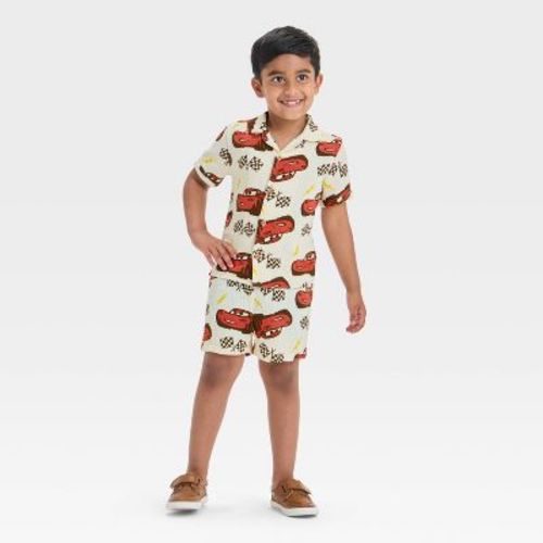 Baby Boys' 2pc Disney Cars Lightning McQueen Gauze Button-Up Top & Shorts Set - Ivory 18M