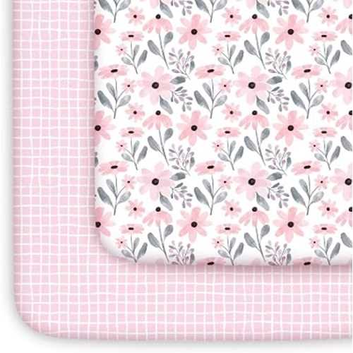 Yoofoss 2-Pack Pack and Play Sheets Fitted 38x26 (Gingham+Pink)