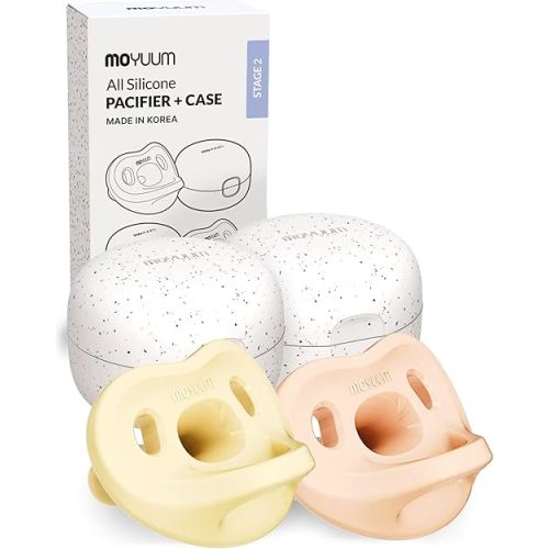 Moyuum Silicone Macaron Pacifier | Made in Korea, BPA Free One-Piece Design Baby Soother, Soft Orthodontic Shape with Air Holes, 2 Pack with Travel Case, Babies 3-6 Months (Yellow + Pink, Stage 2)