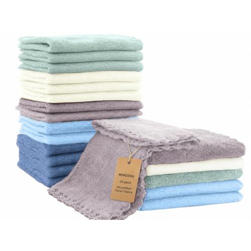 20 Pack 10x10 Inches Microfiber Coral Fleece Baby Washcloths,Extra Absorbent,Soft Wash Clothes,Bath Face Towel for Newborn,Infant and Toddlers (Muticolor)