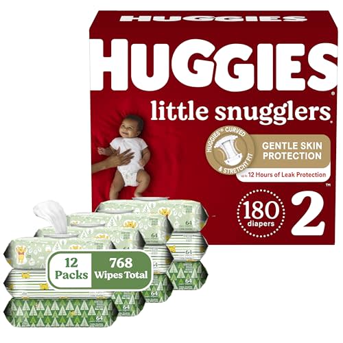 Huggies Little Snugglers Diapers & Wipes Bundle: Huggies Little Snugglers Size 2 Baby Diaper, 180ct & Huggies Natural Care Sensitive Wipes, Unscented, 12 Packs (768 Wipes Total) (Packaging May Vary)