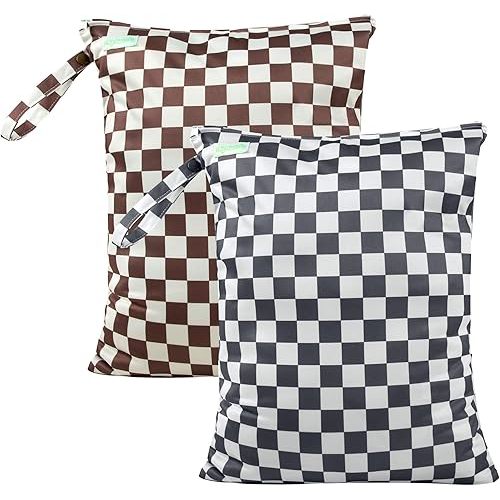 wegreeco Wet Dry Bag for Baby Swimsuit, Small Wet Dry Bag for Clothes Diaper and Breast Pump Parts, Large Baby bag for Travel,Gym Clothes,Beach,Pool,Extra Clothes (Gray-Brown Checkered)