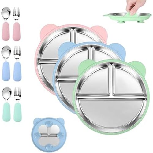 6 Pcs Stainless Steel Toddler Plates with Spoons & Forks, Silicone Suction Baby Plates, Stainless Steel Kids Plates, Baby Feeding Set