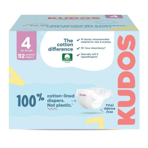 Kudos Chlorine Free Cotton-Lined Disposable Diapers - Size 4 - 52ct: Elastic Stretch Sides, Easy-Open Sides, Non-Toxic