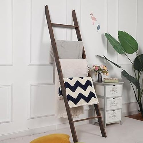 Blanket Ladder for Living Room and Bedroom, 5ft 8 inch, 6-Tier Wall Leaning Laminate Snag Free Construction (Rustic Hickory) Rustic Decorative Farmhouse Blanket Storage, Quilt Rack, Ladder Shelf