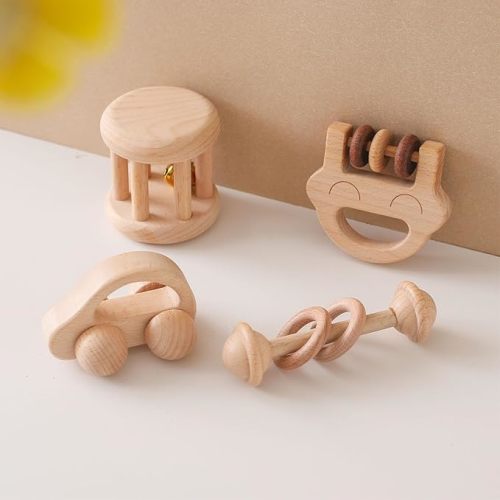 Chriswell Wooden Baby Rattle Set, Newborn Wooden Rattle Toy, Natural Wooden Montessori Baby Grip Toy, Baby Gift Toy, Wood Rattle Set-6