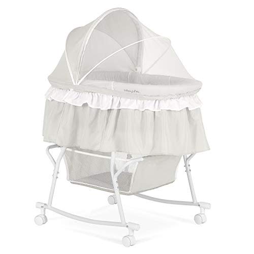 Dream On Me Lacy Portable 2 in 1 Bassinet & Cradle – Lightweight Baby Bed with Rocking Feature, Canopy & Storage Basket, Locking Wheels, Mattress Included, Baby Safety Alliance Certified, 0–25 lbs