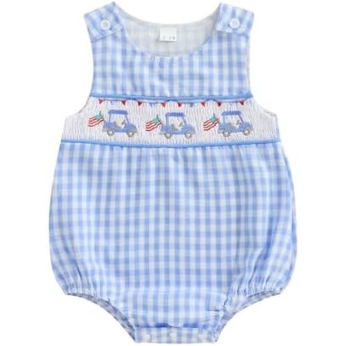 Newborn 4th Of July Baby Boy Outfit Infant Truck Flag Baby Smocked Bubble Romper Plaid Summer Clothes 0 3 6 12 18m