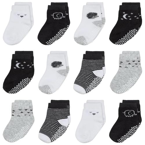 Organic Cotton Baby Socks 6-12 Months, 12 Pairs Unisex Anti Slip - Soft & Hypoallergenic Baby Girl & Boys Socks (US, Age, 6 Months, 12 Months, Black - White - Gray 12 Pair)