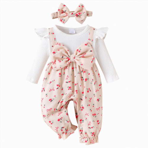 CAICJ98 Baby Girl Clothes Fall Winter Long Sleeve Bubble Romper Floral Bow One Piece Jumpsuit Cute Outfits (Beige,6-9 Months)