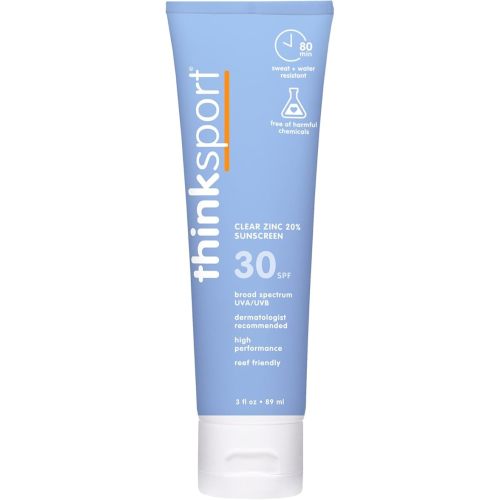 Thinksport SPF 30 Sport Sunscreen, 3oz – Clear Zinc Oxide, Water-Resistant Mineral Sun Lotion for Sports & Active Use, Reef-Safe, Vegan, Broad Spectrum UVA/UVB Protection