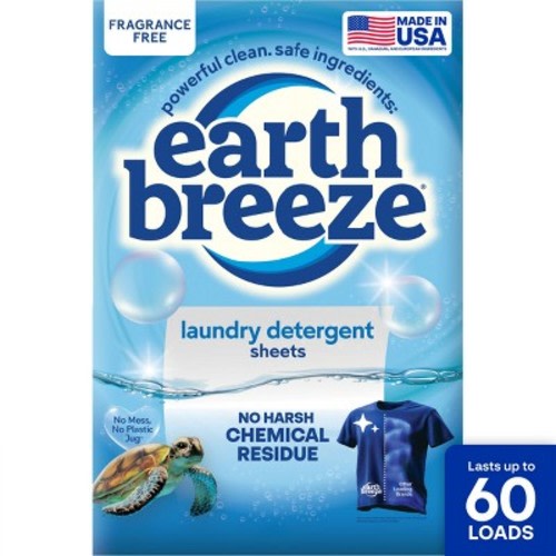 Earth Breeze Fragrance Free Laundry Detergent Sheets - 60 loads: Hypoallergenic, Bleach-Free, Non-Toxic, Dermatologist Tested