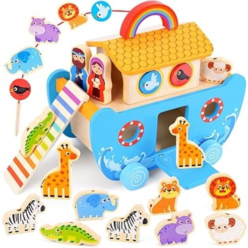 Toddlers Noah's Ark Toys with Wooden Animal Shape Sorters, Baptism Gifts for Girls Boys 2 3 4 Years Old, Montessori Educational Toys for Toddlers, Bible Story Book for Kids Ages 2-4