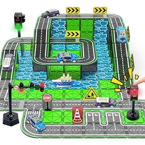 Magnetic Tiles Road Set with Pullback Car & Magnet Ship,Traffic Themed Magnetic Building Tiles Set with Traffic Light,STEM Magnet Tile for Kids Ages 3-5 4-8 5-7,Preschool Educational Kids Toys Gifts
