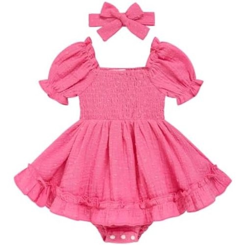 GRNSHTS Baby Girl Romper Dress, Puff Sleeve Smocked Outfit with Headband for Infants Soft Cotton Photo Shoot