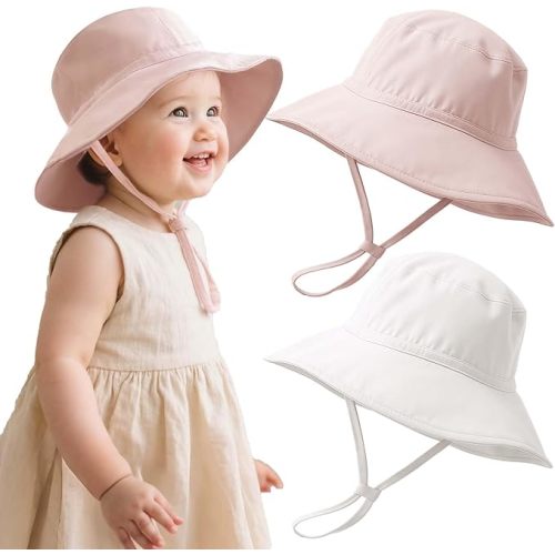 Konssy Baby Sun Hat 2 Pack, UPF 50+ Infant Bucket Hat, Summer Beach Hats with Wide Brim Adjustable Chin Strap, Soft-Lined