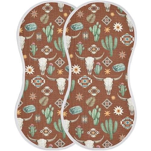 2 Pack Muslin Burp Cloths Western Cowboy Skull Brown Cotton Baby Burp Cloths Extra Absorbent and Soft Thick Burping Cloth for Newborn Babies Boys Girls 22x11 Inch