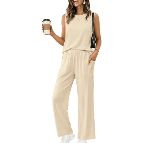 Ekouaer Women's Two Piece Sets Summer Sleeveless Lounge Sets Matching Pants Airport Travel Outfits