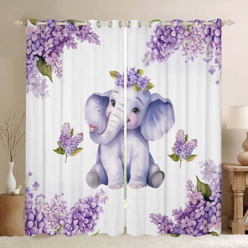 Homewish Children Boys Girls Kawaii Elephant Black Out Curtains,Chic Purple Flowers Curtains Pack of 2 (42x63 Each),Cartoon Floral Animal Bedroom Curtains,Ultra Soft Home Decor