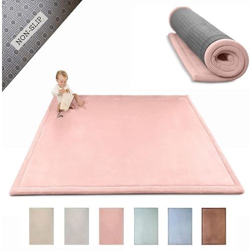 Stylish Coral Velvet Baby Play Mat 60" x 80" Pink – Soft 1" Thick High-Density Memory Foam Nursery Rug – Playmat for Floor with Non-Slip Backing for Crawling & Playing – Non-Toxic, odorless Area Rug