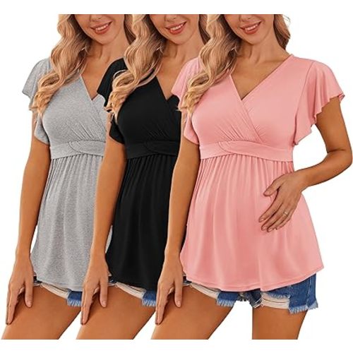 Ekouaer Maternity Shirts 3 Packs Flying Short Sleeve Nursing Tops Pregnancy Clothes