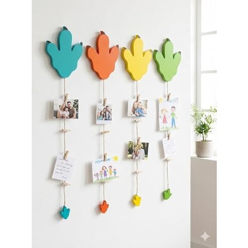 Wooden Dinosaur Footprint Photo Clip Holders, 4-Pack Hanging Picture/Art Display for Kids Room, Nursery, Playroom Wall Decor Gifts for Boy