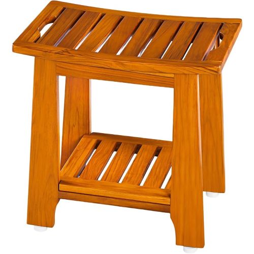 14" Compact Teak Shower Stool with Shelf & Handle - Waterproof, Non-Slip Bath Bench for Small Bathrooms/Tub/Outdoor Use, 300 lbs Capacity (Patented)