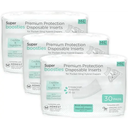 Overnight Diaper Leak Stopper, Super Boosties Disposable Inserts, Use with Pampers Sizes 4-6, Honest Hybrid Diaper Cover Sz Med/Large, Amazing Baby Cover Sz 3/4, 4.3x13 in, 90 Count