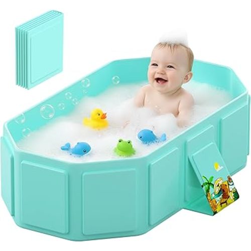 Collapsible Baby Bathtub, Toddler Bathtub with a Drain Plug, Folded for Storage Without Assembly, Suitable for Newborns to Toddlers, Portable Bathtub for Outdoor Travel, Green