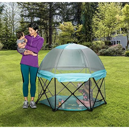 Regalo My Play Deluxe Portable Play Yard Indoor and Outdoor, Bonus Kit, Includes a Full Canopy, Washable, Aqua, 6-Panel - 48" Aqua - Canopy