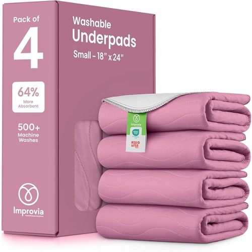 IMPROVIA® Washable Underpads, Heavy Absorbency Reusable Incontinence Pads for Kids, Adults, Elderly, and Pets, Waterproof Protection Floor (Pink and White, 18" x 24" - Pack of 4)