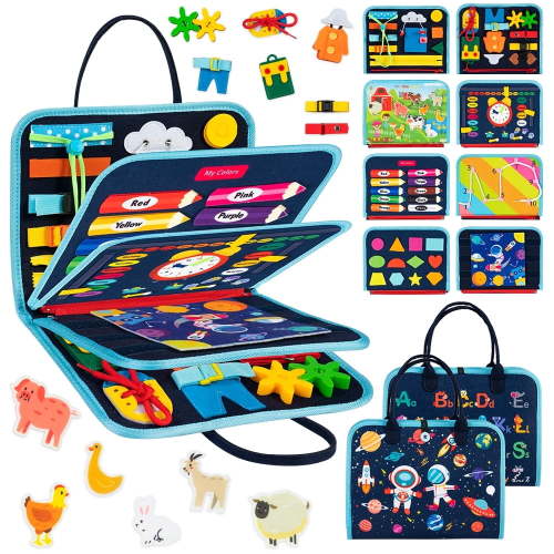 Cowin Busy Board Montessori Toys for Toddler Boy Birthday Gifts, Busy Book Learning Toys for Toddlers 1-4, Educational Learning Toy for Airplane Car Travel, Blue