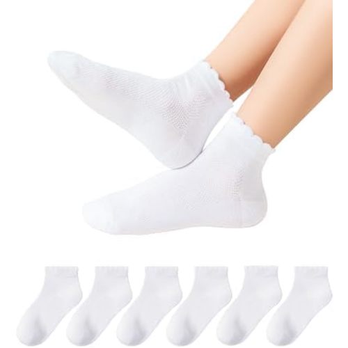 Girls White Ruffle Socks School Uniform Kids Cotton Crew Ankle Cute Frilly Dress Socks 6 Pack