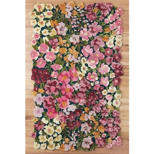 Handmade Floral Area Rug – Hand-Tufted Wool Carpet with Hand-Carved Design & High-Low Pile Texture,100% Wool Rug for Living Room, Dinning Room & Bedroom(Pink, 5' x 7')