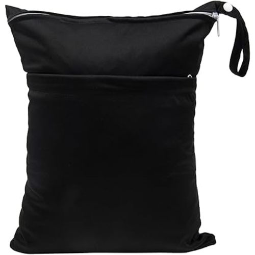 Wet Dry Bag for Baby Cloth Diapers, Waterproof Reusable with Two Zippered Pockets Travel Beach Pool Soiled Baby Items Yoga Gym Bag for Swimsuits or Wet Clothes (black)