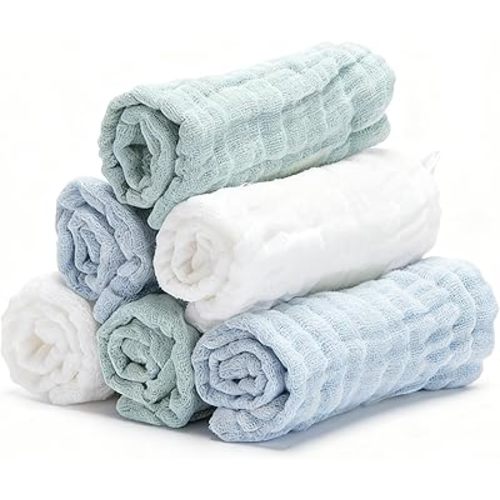 Organic Muslin Baby Washcloths 6 Pack Baby Bath Face Towel 12x12 Inch Extra Absorbent and Soft Burp Cloth and Wash Cloths for Newborn-Infants On Sensitive Skin (White Blue Green)